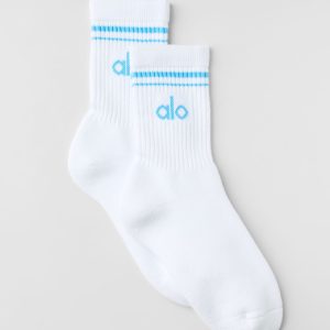 Alo Yoga Unisex Half-Crew Throwback Sock - White/Azure Blue