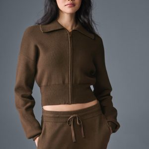 Alo Yoga Scholar Knit Cropped Full Zip Jacket - Espresso