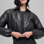 Alo Yoga Faux Leather Cropped Premier Bomber - Black